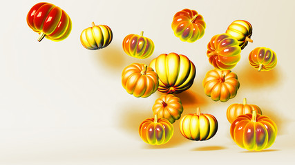3D rendered composition with orange pumpkins fall in the air. Autumn background. Halloween background.