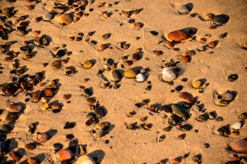 pebbles stones on a sandy beach with feather