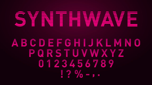 Synthwave Pink Font In 1980s Style. Retrowave Striped Letters, Numbers And Symbols. Eps 10