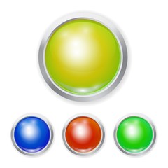Set of Vector realistic color plastic button with patch of light and metal element isolated on white background. 3D illustration.