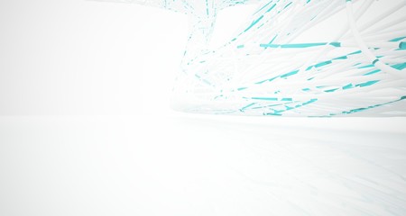 Obraz premium Abstract architectural white and glass gradient color smooth wire interior of a minimalist house with large windows.. 3D illustration and rendering.