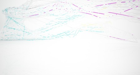 Abstract architectural white and glass gradient color smooth wire interior of a minimalist house with large windows.. 3D illustration and rendering.