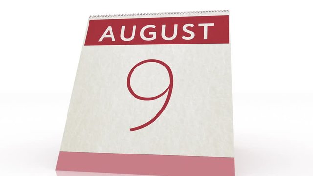August 9 date. calendar change to August 9 animation