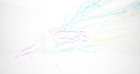 Abstract architectural white and glass gradient color smooth wire interior of a minimalist house with large windows.. 3D illustration and rendering.