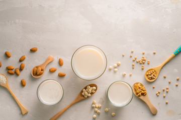 Fototapeta na wymiar Glasses of milk with nuts: Macadamia, almond, soy, rice, lotus. Top view.