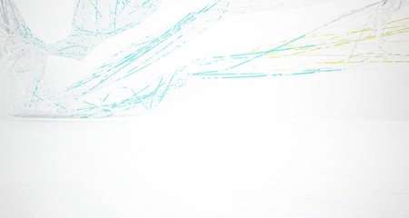 Abstract architectural white and glass gradient color smooth wire interior of a minimalist house with large windows.. 3D illustration and rendering.