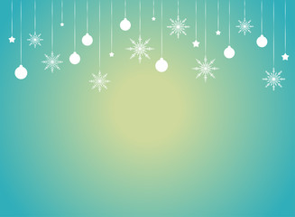 Winter border with flat white snowflakes, stars and ribbons on blue background with yellow highlight.
