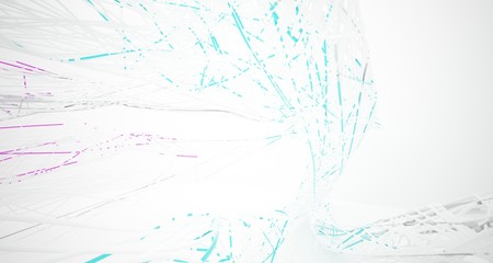 Abstract architectural white and glass gradient color smooth wire interior of a minimalist house with large windows.. 3D illustration and rendering.