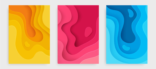 Paper cut banner set with 3D slime abstract background and blue, pink, yellow waves layers. Abstract layout design for brochure and flyer. Paper art vector illustration