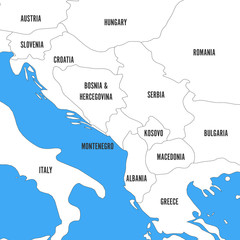 Political map of Balkans - States of Balkan Peninsula. Simple flat black outline with black country name labels