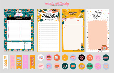 Collection of weekly or daily planner, note paper, to do list, stickers templates decorated by cute beauty cosmetic illustrations and trendy lettering. Trendy scheduler or organizer. Flat vector