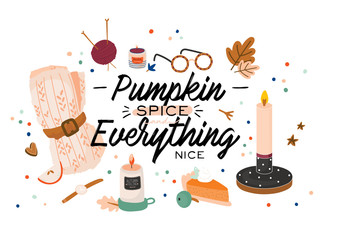 Cute illustration with autumn and winter cozy elements. Isolated on white background. Motivational typography of holidays hygge quotes. Scandinavian danish style. Vector