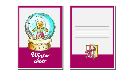 Christmas Greeting Card Vector. Snow Globe. Seasons. Winter Wishes. Hand Drawn In Vintage Style Illustration