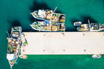 Aerial overhead view of fishing ships in town of Biograd na Moru, Croatia
