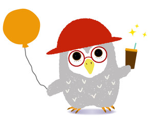 a owl with a balloon & a drink 風船とドリンクを持ったフクロウ