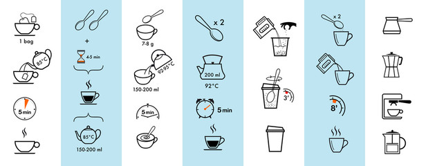 Set of methods of brewing tea and coffee. Preparation instructions. Vector elements for infographics. Set of sign for detailed guideline. Ready for your design.	