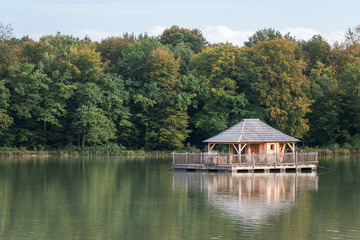 Fototapeta na wymiar une maison en bois au bord d'un lac. Une maison écologique vers un lac. Une maison en bois sur pilotis à côté d'un lac et d'une forêt.