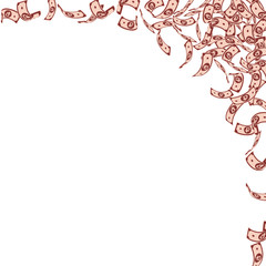 Russian ruble notes falling. Small RUB bills on wh