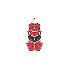 Black Hussar cat with red shako cap and red dolman. Original logo concept isolated on white.