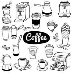 Hand drawn coffee elements. Set for menu decoration, websites, banners, presentations, backgrounds, posters, blogs and social networks. Vector illustration.