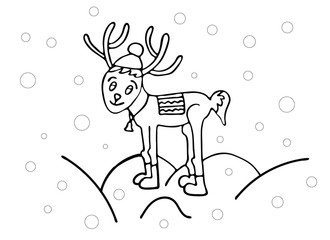 Coloring book for children. New Year theme. Reindeer is cute. Linear black and white drawing..