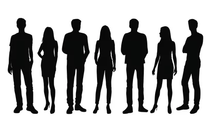 Deurstickers Vector silhouettes of  men and a women, a group of standing business people, black color isolated on white background © Galina