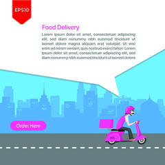 Illustration Vector: food delivery design with cityscape background