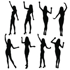 Set of women standing and dancing  in various poses, hands up,  group business  people, vector silhouette,  black color, isolated on white background
