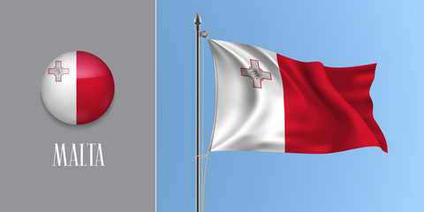 Malta waving flag on flagpole and round icon vector illustration