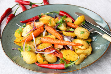 warm salad of baked potatoes and carrots with red onions, spices and tomatoes