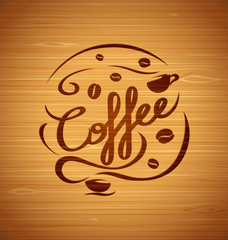Vector composition with coffee and coffee cups on a wooden background for your design - 295264347