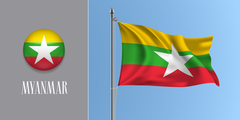 Myanmar waving flag on flagpole and round icon vector illustration
