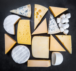 assorted cheeses, soft, hard, rennet and brine on a black background