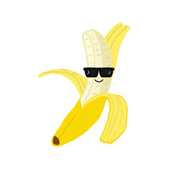 Vector banana with sunglasses on white background.