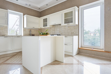 Island in the white kitchen in the classic style