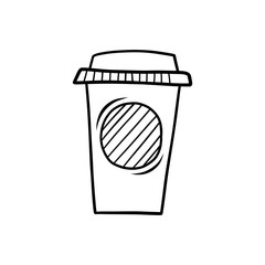 Hand drawn paper coffee cup isolated on a white. Sketch. Coffee to go concept. Vector illustration.