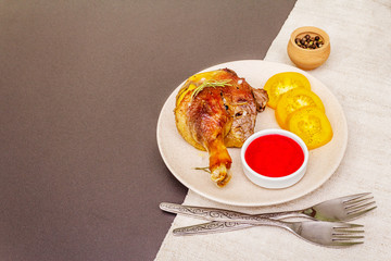 Crusty roasted duck leg. Traditional French food confit preparation