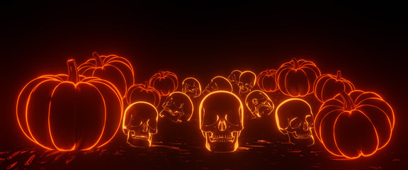 3D render composition of neon pumpkins and skulls on a dark background. © Maksym