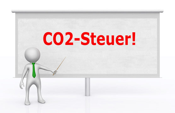 3D Figur vor Bildwand mit dem Begriff CO2 Steuer