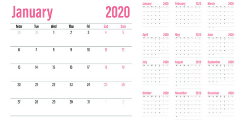 Calendar planner 2020 template vector illustration all 12 months week starts on Monday and indicate weekends on Saturday and Sunday