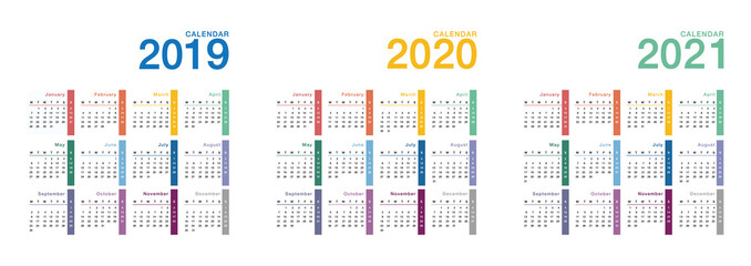 Year 2019 and Year 2020 and Year 2021 calendar vector design template, simple and clean design. Week Starts Monday. 