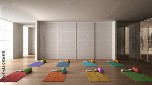 Empty Yoga Studio Interior Design Space With Mats Hammocks