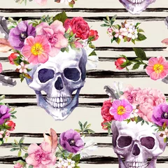 Wallpaper murals Human skull in flowers Human skulls with flowers, featrhers. Floral seamless pattern with black stripes. Watercolor for Dia de Muertos holiday