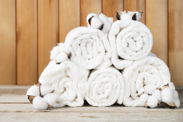 Front view pile of towels with cotton