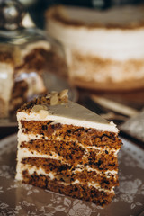 Traditional homemade carrot cake on beautiful tasty background