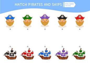 Matching children educational game. Match pirates and ships by colors. Activity for pre sсhool years kids and toddlers.