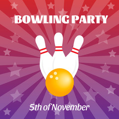 Vivid bowling party poster with white pins and yellow ball. Invitation banner with sample text on the gradient purple background with stars and rays of light. Vector square illustration