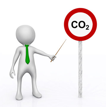 3D Figur vor Verkehrsschild mit CO2 Symbol