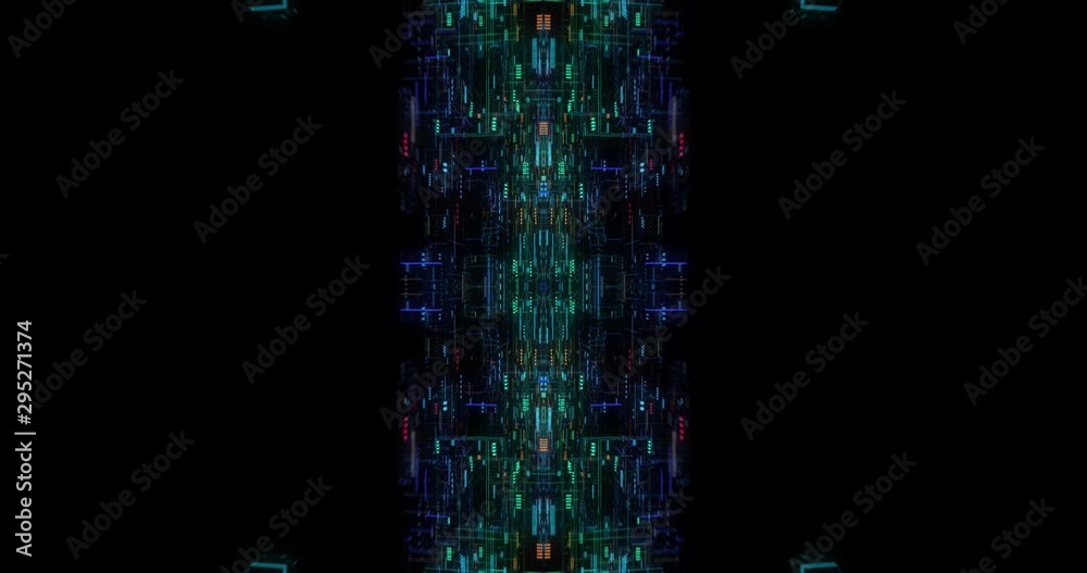 Poster Seamless loop global connection business cloud computing service, ig data visualization. Blockchain. 4K Futuristic technological abstract motion background, floating circuits. 3D render