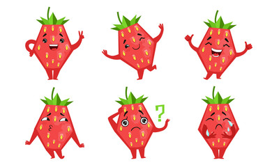 Cute Strawberry Cartoon Character with Various Emotions Set Vector Illustration
